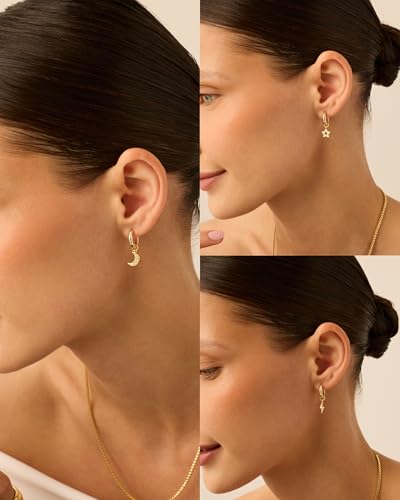PAVOI 18K Yellow Gold Plated Huggie Earrings and Charm Set for Women | Mix and Match Earring Pack with Lightning Bolt Star Moon Cubic Zirconia Charms