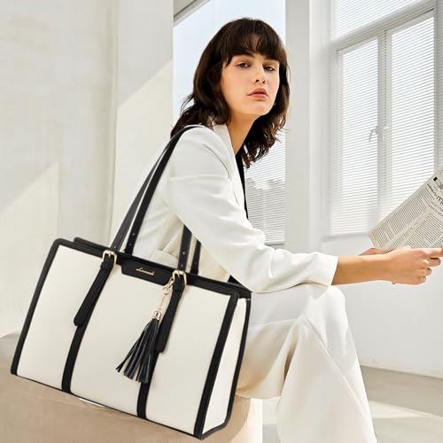 LOVEVOOK Laptop Bag for Women 17 inch Lightweight Canvas Laptop Tote Bag Large Capacity Computer bag with Clutch Purse for Business Work Office Travel School(Beige & Black,17 Inch)