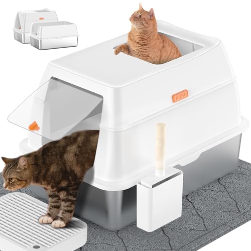LOBEVE Stainless Steel Cat Litter Box with Lid Front Entry Top Exit Kitty Litter Box Extra Large Enclosed Metal Litter Box with Litter Scoop & Litter Mat-White