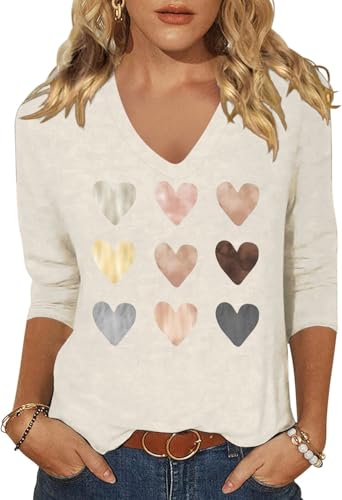 Scgirl Womens 3/4 Sleeve V Neck Valentine's Day T Shirts Love Heart Printed Graphic Tee Tops (XXL Beige)
