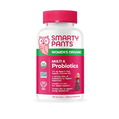Daily Organic Gummy Women’s Multivitamin: Probiotic Vitamin C D3 & Zinc for Immunity Biotin Omega 3 Selenium B6 Methyl B12 by SmartyPants (120 Count 30 Day Supply) Packaging May Vary