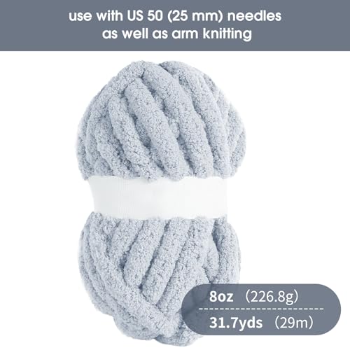 HOMBYS Rice Grey Chunky Chenille Yarn for Crocheting Bulky Thick Fluffy Yarn for Knitting Super Bulky Chunky Yarn for Hand Knitting Blanket Soft Plush Yarn 12 Jumbo Pack (27 yds 8 oz Each Skein)