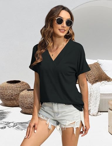 EyMuse Women Tops Short Sleeve V Neck Tees Fashion T Shirts Loose Fit Comfy Soft Casual Summer Blouses 2024 Black S