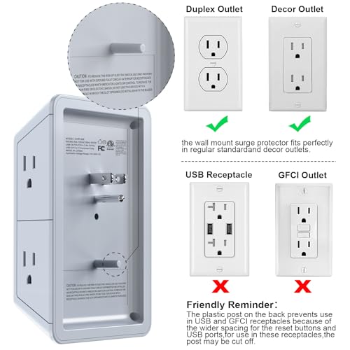 USB Wall Charger Surge Protector POWRUI 6-Outlet Extender with 3 USB Charging Ports (1 USB C) and Night Light 3-Sided Power Strip with Adapter Spaced Outlets - White,ETL Listed Gray