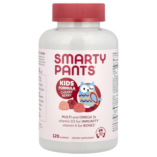 Daily Gummy Multivitamin Kids Cherry Berry: Biotin Vitamin C D3 E B12 A Omega 3 Fish Oil Zinc Iodine Choline Folate (Methylfolate) by SmartyPants (120 Count 30 Day Supply)Packaging May Vary