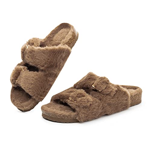 FITORY Womens Open Toe Slipper with Cozy Lining Faux Rabbit Fur Cork Slide Sandals Brown Size 11
