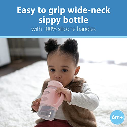Dr. Brown's Milestones Wide-Neck Sippy Spout Bottle with 100% Silicone Handles Easy-Grip Handles with Soft Sippy Spout 9oz/270mL Light-Pink & Ecru 2 Count (Pack of 1) 6m+