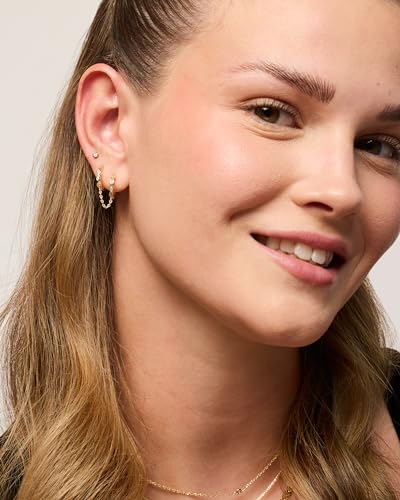 PAVOI 14K Yellow Gold Plated Chain Earrings for Women | Double Piercing Dangle Chain Huggie Hoop Earrings | Marquise Cubic Zirconia Earrings for Women