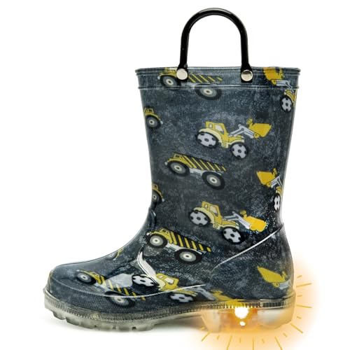 Outee Boys Rain Boots Little Kids Child Light Up Waterproof Rubber Shoes Printed Mud Lightweight Adorable with Easy-On Handles Non Slip Sole LED Crane Excavator black Size 1