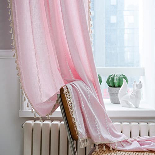 Sutuo Home Boho Curtain for Bedroom 84 Inch Length Light Filtering Farmhouse Shabby Chic Tassels Window Treatment Bohemian Embroidery Drape Rod Pocket 1 Panel 52\" W x 84\" L Pink