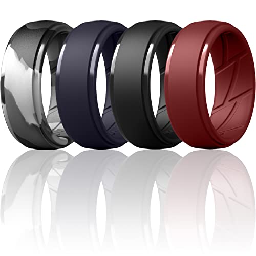 ThunderFit Silicone Ring Men Breathable with Air Flow Grooves - 10mm Wide - 2.5mm Thick (AW-Black AW-MidnightBlue AW-Burgundy Grey Camo - Size 7.5-8 (18.2mm))