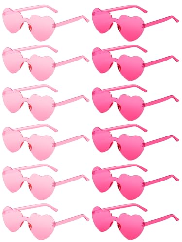 AGGKKY 12 Pairs Heart Shaped Sunglasses for Women Girl Colorful Rainbow Sunglasses Rimless Fun Trendy Transparent Heart Sunglasses Party Favor Standard Pink Rose Red