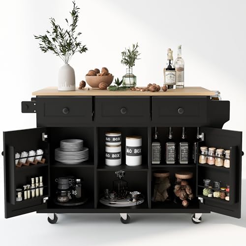 LUMISOL Kitchen Island on 5 Wheels with Wood Drop Leaf Storage Cabinets and 3 Drawers Rolling Kitchen Island Cart with Open Storage Shelves Black