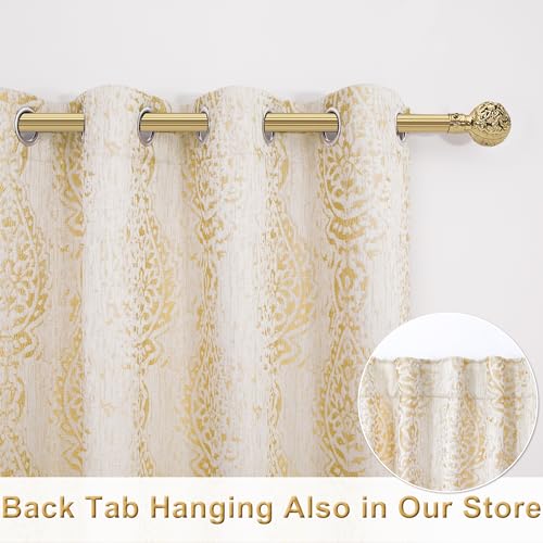 Gold and Greyish Cream White Light Filtering Damask Pattern Extra Length Mandala Curtains for Living Room 52 by 96 Inches Long 2 Panels