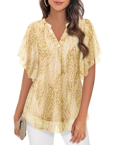 Timeson Spring Tops for Women 2025: Business Casual - Short Sleeve Shirts for Women - Blouses for Women Dressy Summer V Neck Modlily Ladies Tops Older Polyester Tunics Hide Tummy Wrinkle Free Yellow L