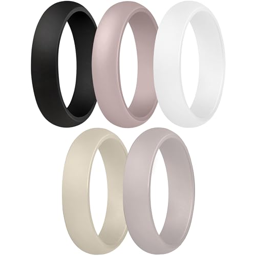 ThunderFit Silicone Wedding Bands for Women - 5.5mm Wide - 2mm Thick (AW-Pink Sand AW-Black AW-White AW-Fog AW-Stone - Size 5.5-6 (16.5mm))