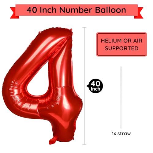 PatiCool 40 Inch Red Number Balloon 4 Large Number Foil Balloons Mylar for Girl Boy Birthday Party Celebration Decorations Supplies Digital Balloons for Wedding Anniversary Events Decorations