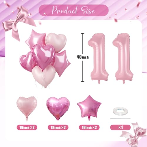 Big Number 11 Balloon Light Pink Foil 11 Balloons with Pastel Baby Pink Helium Heart Star Balloon 40'' Self Inflating 11 Balloon Number for Kids 11th Birthday Party Women Valentines Day Decorations