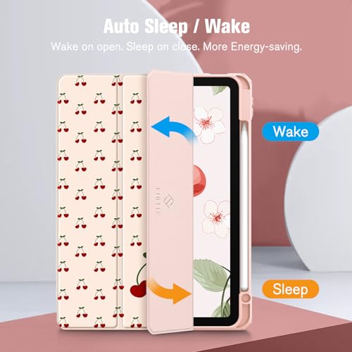 FINTIE Hybrid Case for iPad Air 11 inch (2024) M2 iPad Air 6th / 5th / 4th Generation (2024/2022/2020) Shockproof Slim Clear Back Cover with Pencil Holder Auto Wake/Sleep Coquette Cherries