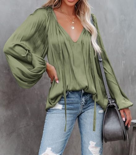 LAMISSCHE Satin Blouse for Women Sexy Deep V Neck Lantern Sleeve Tops Boho Seliver Date Night Blouses (Olive M)