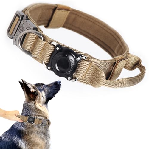 Tactical Dog Collar with Airtag Holder Waterproof Airtag Dog Collar with Control Handle and Metal Buckle Adjustable Heavy Duty Dog Collar for Dog Training(Brown,XXL