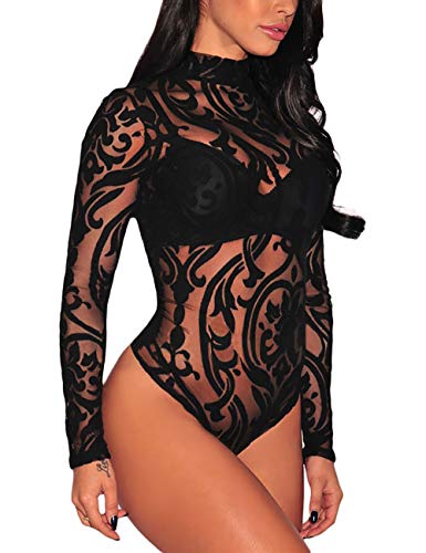 Eiffel Women's Long Sleeve Bodysuit with Silver Studs Black 5 Pack M