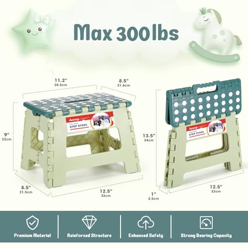 ACSTEP 9 Inch Folding Step Stool 300 LB Capacity Plastic Foldable Step Stools for Kids and Adults Folding Stool Suitable for Kitchen Stepping Stool with Handle Bicolor Green Small Step Stool 1PC