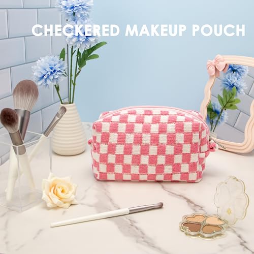 PAZIMIIK Checkered Makeup Bag for Purse Portable Zipper Make Up Pouch Small Cosmetic Case for Travel Accessories Pink White