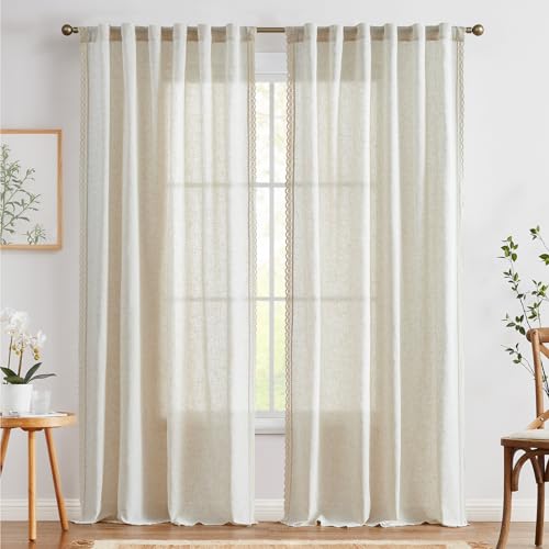 jinchan Linen Curtains Beige Curtains with Lace Trim for Living Room 90 Inch Long Rustic Farmhouse Curtains Rod Pocket Back Tab Semi Sheer Light Filtering Drapes Bedroom Window Curtain Set 2 Panels