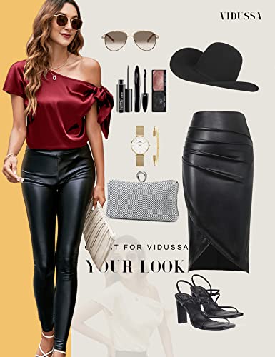 VIDUSSA Women's Off Shoulder Silk Tops Casual Short Sleeve Asymmetrical Neck Satin Blouse Shirts Wine Red 3XL