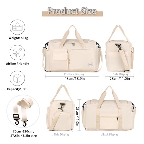 FIORETTO Women's Gym Duffle Bag with Shoes Compartment 37L Capacity Ideal for Travel Gym Sports Duffel Weekender Beige