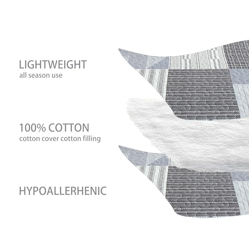 Homzard Quilt King Size - Grey Cotton King Quilt Bedding Set Gray White Plaid King Size Comforter Set Farmhouse Bedspread for King Size Bedding (106 * 98 Inches) 3 Piece