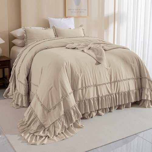 Masaca Oversized Comforter King Size 120x120 Farmhouse Shabby Boho Chic Ruffle California King Bed Comforter Set French Country Rustic Bedding 3PCS (1 Ruffled Comforter+2 Pillow Shams)