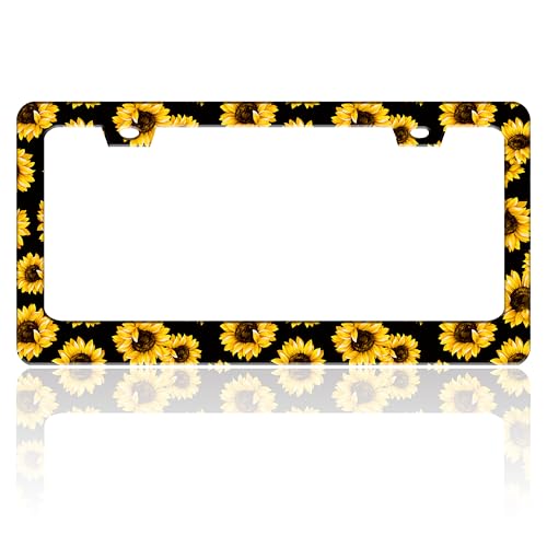 TINALUIN Sunflowers License Plate Frame Yellow Flowers Stainless Steel License Plate Holder for Front and Rear Car Tags Funny for Car Decoration Accessories with Screws 6.3 X 12.2 in for Women Men