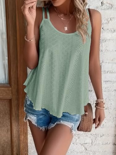 ATHMILE Women's Tank Tops Eyelet Embroidery Sleeveless Spaghetti Strap Tops Scoop Neck Sexy Loose Fit Casual Summer Flowy Cami Green XX-Large