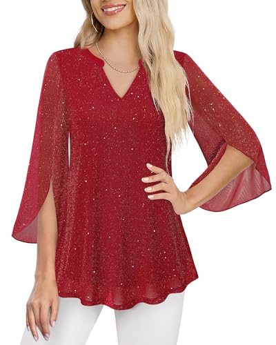 VALOLIA Womens Formal Tops Fancy Christmas Tops For Women 3 4 Sleeve Lightweight Fall Shirts For Women Dressy Casual Soft Flowy Classy Pretty Tunic Blouses for Church Sparkly Red