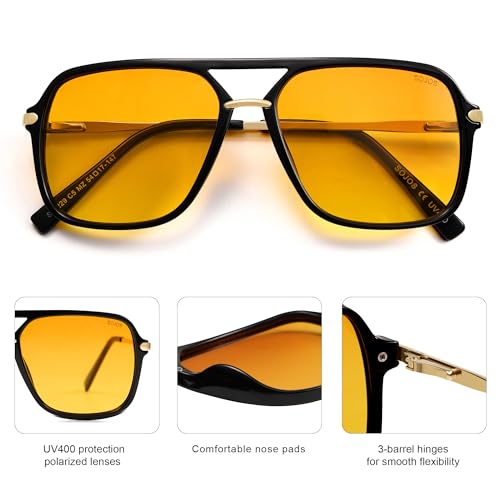 SOJOS Sunglasses for Women & Men Square Retro Polarized Lens Trendy Aviator 90s Shades (SJ2229 Black Yellow)