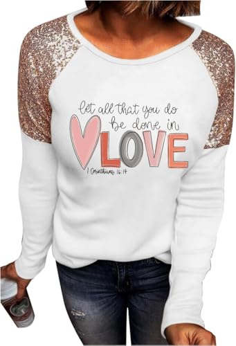 Womens Let All That You Do Be Done in Love Shirt Valentine's Day Love Faith Sequined Leopard Stripe Splicing Sleeve Tee Couple Matching Tops(XXL S-White)