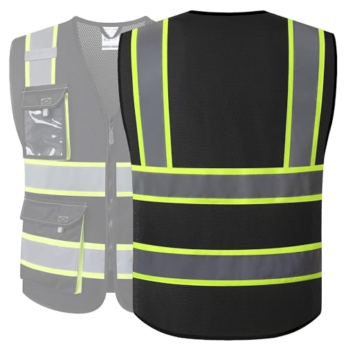 JKSafety Hi Vis Reflective Safety Vests for Men Women High Visibility Vest with Pockets Mesh Fabric Construction Safety Apparel Neon Vest for Work (220-Black XL) X-Large