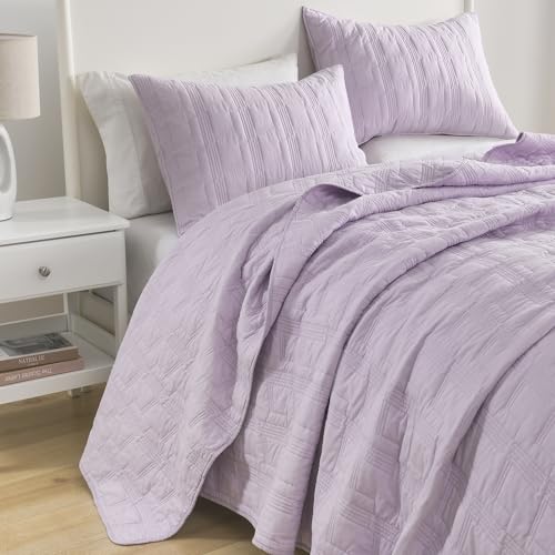 HORIMOTE HOME 100% Cotton Quilt Set Twin Size Lavender Pre-Washed 2-Piece Bedspread Coverlet Set Cozy Lightweight Stitching Decorative Bedding Cover with 1 Shams in Geometric Pattern for All Season