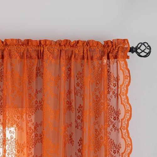 Burnt Orange 90 Curtains Length 2 Panel for Living Room Rustic Floral Retro Lace Semi Sheer Window Curtain Drapes for Bedroom Dining Room Office Boho Neutral Aesthetic Decor 52 Wx90 L Terracotta