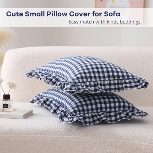 K MASANIJI 2 Pack Navy Blue Plaid Ruffle Lumbar Pillow Shams 12x20 inches Washed Cotton Gingham Checkered Farmhouse Zipper Closure Pillow Covers for Bed/Sofa (Lumbar Navy Blue/White Plaid)