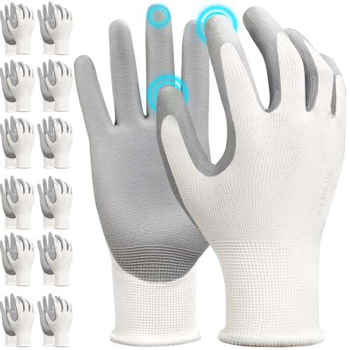 Kebada W1 Work Gloves for Men and Women Light Duty Touchscreen Working Gloves with Grip 12 Pairs Thin Mechanic Gloves PU Coated Gardening Gloves White Small
