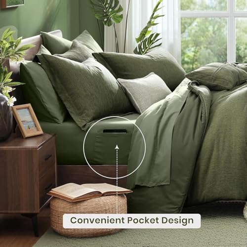 Monbix California King Comforter Set - 7 Pieces Cationic Dyeing Olive Green Bed in a Bag Cal King Bedding Sets with Comforter Sheets Pillowcases & Shams Reversible Bedding Comforters Sets(108 * 92)