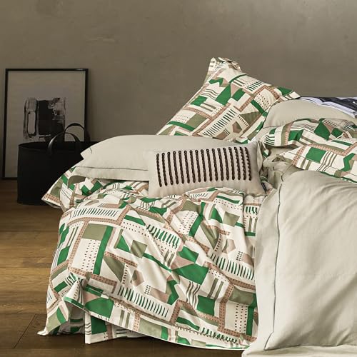 SLEEPBELLA Comforter Queen Size 600 Thread Count Cotton White Printed with Green & Brown Geometric Comforter Set Down Alternative Bedding Set 3Pcs(Queen Green Geometric)