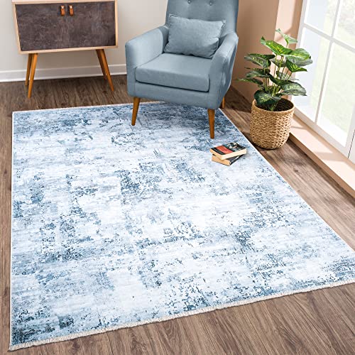 Bloom Rugs Caria Washable Non-Slip 4x6 Rug - Blue/Gray Modern Abstract Area Rug for Living Room Bedroom Dining Room and Kitchen - Exact Size: 4' x 6'