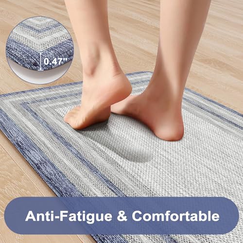 KIMODE Anti Fatigue Kitchen Mats 20\"x71\" Farmhouse Kitchen Rug Non Slip Memory Foam Kitchen Floor Mats Comfort Waterproof Kitchen Mat for Front of Sink Laundry Desk Bedroom Blue and Grey