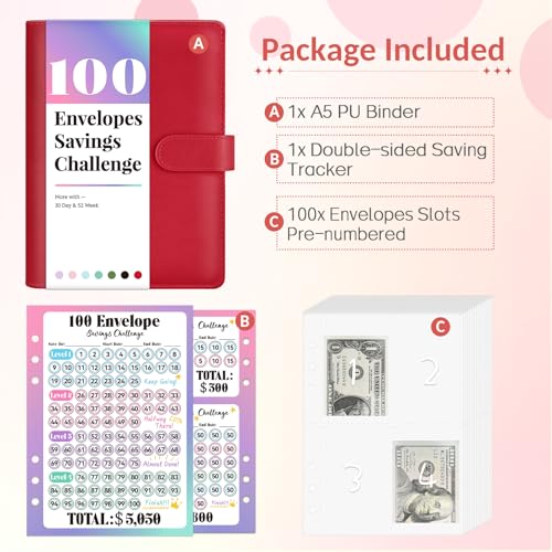 Sooez 100 Envelopes Money Saving Challenge Savings Challenges Book with Envelopes Flexible Saving $5050 2600 300 Savings Binder with 100 Pocket Pre-number & Reusable Laminated Tracker