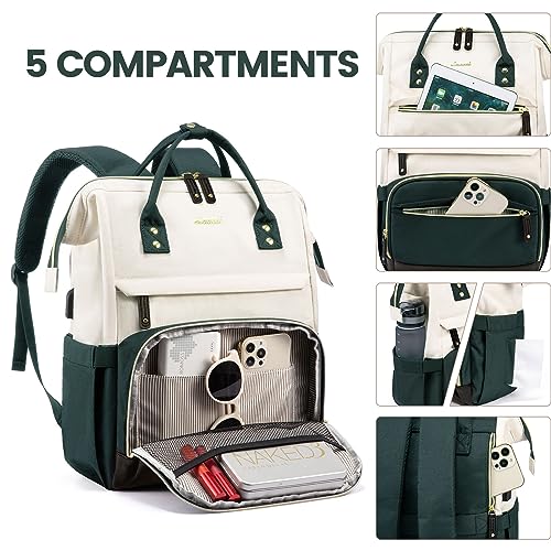 LOVEVOOK Laptop Backpack for Women 17 Inch Work Business Backpacks Purse with USB Port Large Capacity Teacher Nurse Bag College Backbag Waterproof Casual Daypack for Travel Beige-Dark Green