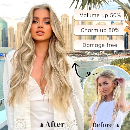 KooKaStyle Invisible Wire Hair Extensions with Transparent Wire Adjustable Size 4 Secure Clips Long Wavy Secret Hairpiece (24 Inch Light Brown mix Highlight Blonde)